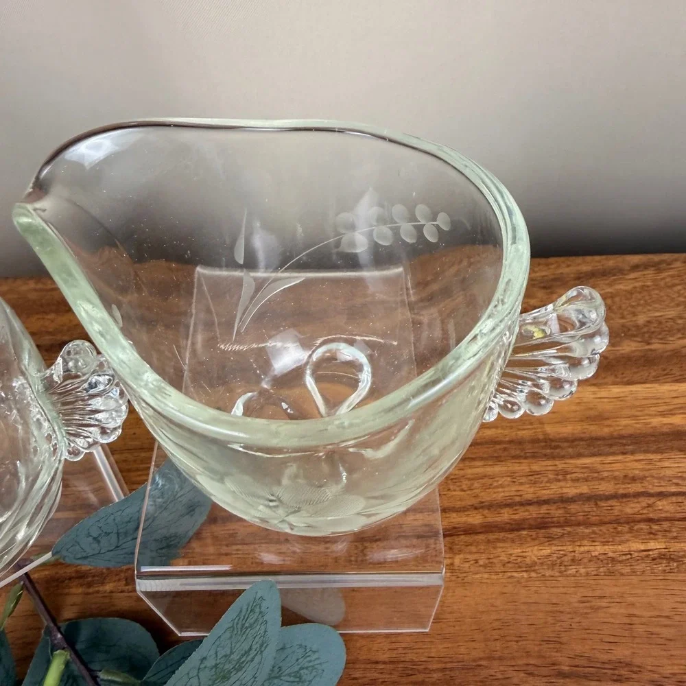 Paden City Gazebo Glass Creamer and Sugar Set Vintage Etched Floral Wing Handles